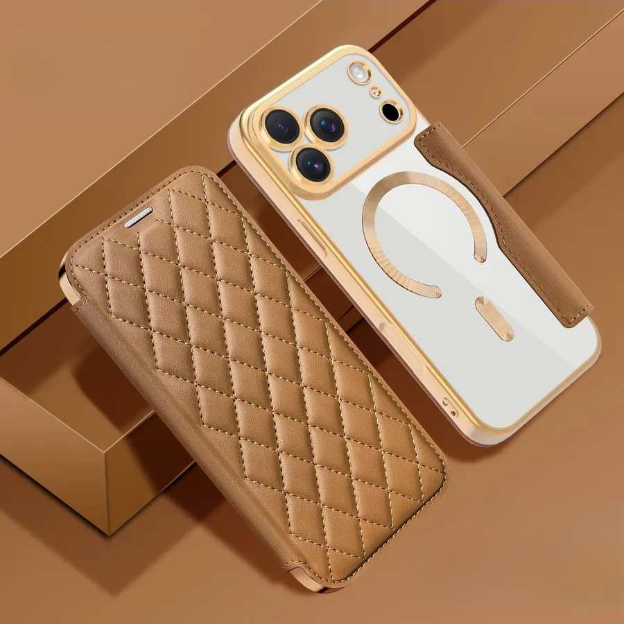 iPhone 17 Series Gold Electroplated Leather Flip Cover