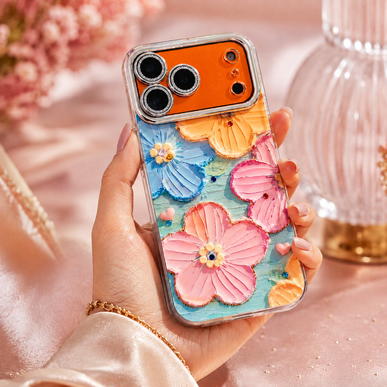 iPhone 17 Series Floral Glossy Glitter Cover | Glam Sparkle Edition