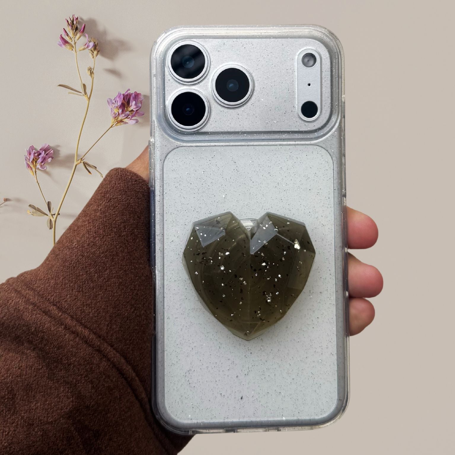 3D Glitter Heart Phone Gripper Holder