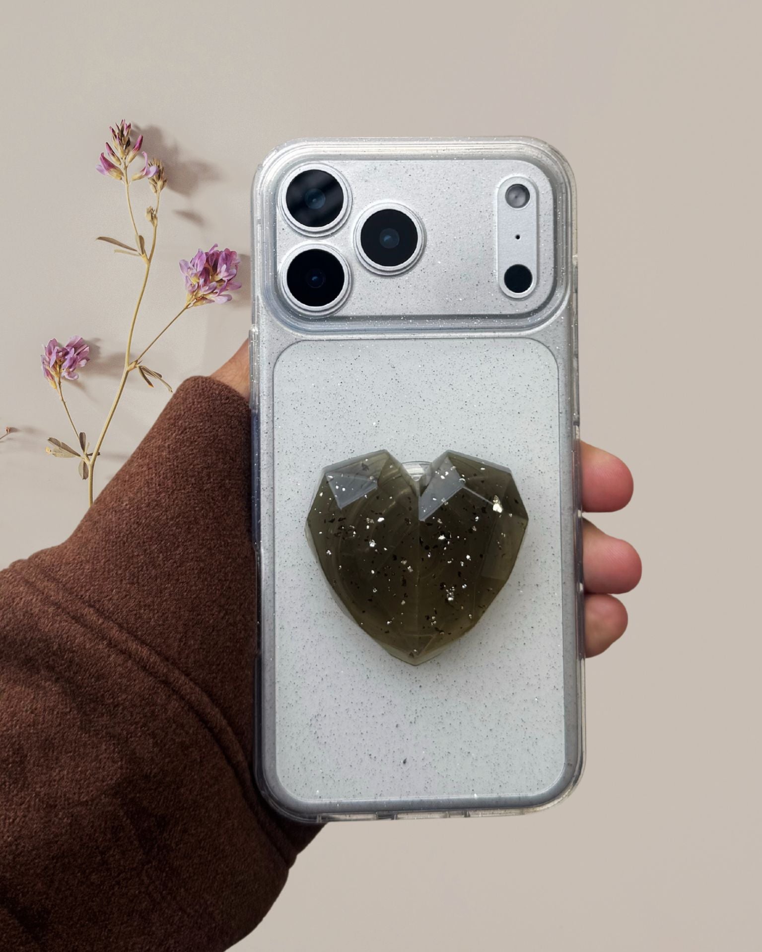 Dark gray 3D Glitter Heart Phone Gripper Holder - protective case detail
