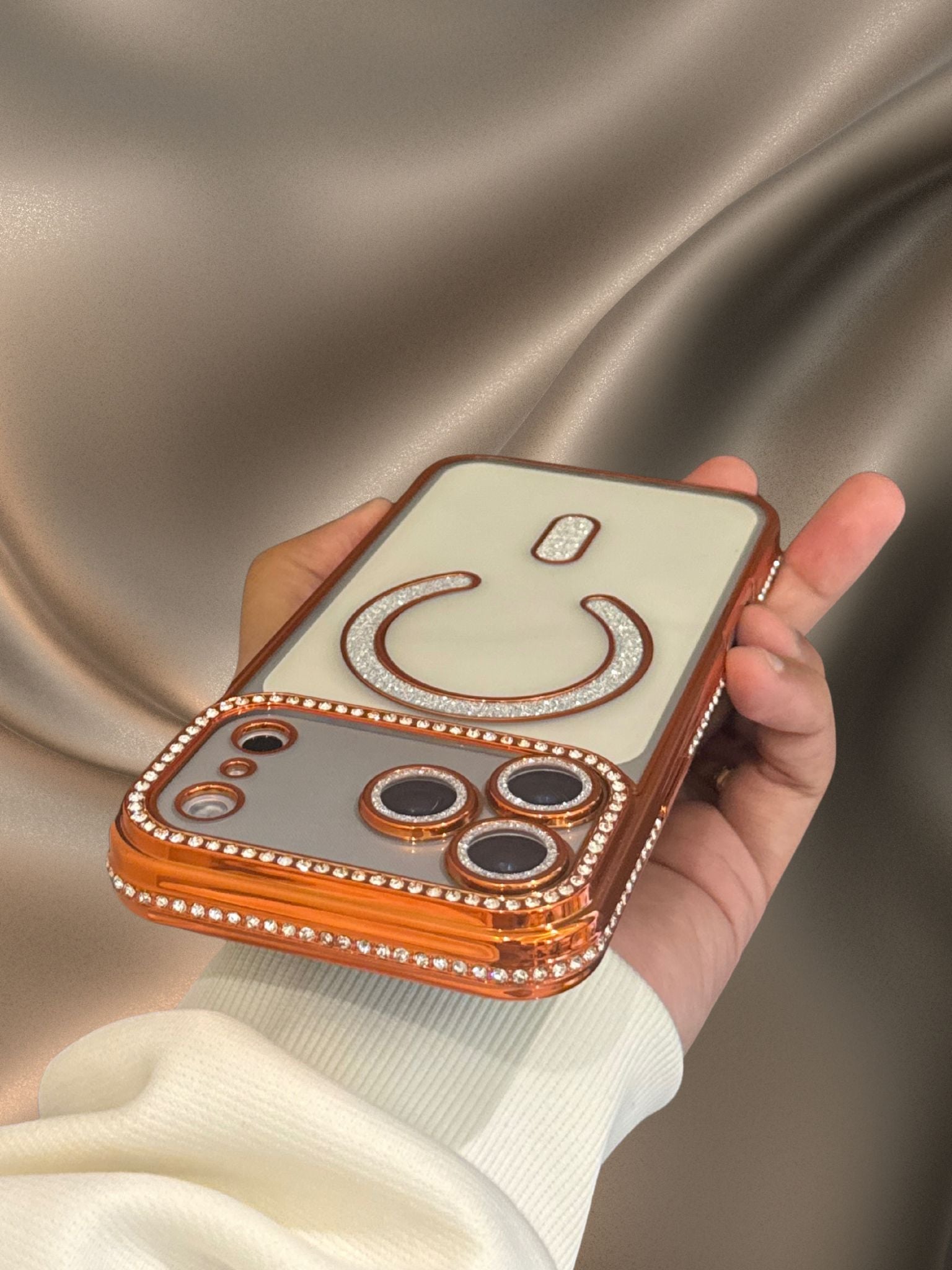 iPhone 17 Series Orange Electroplated Diamond Rhinestones Cover
