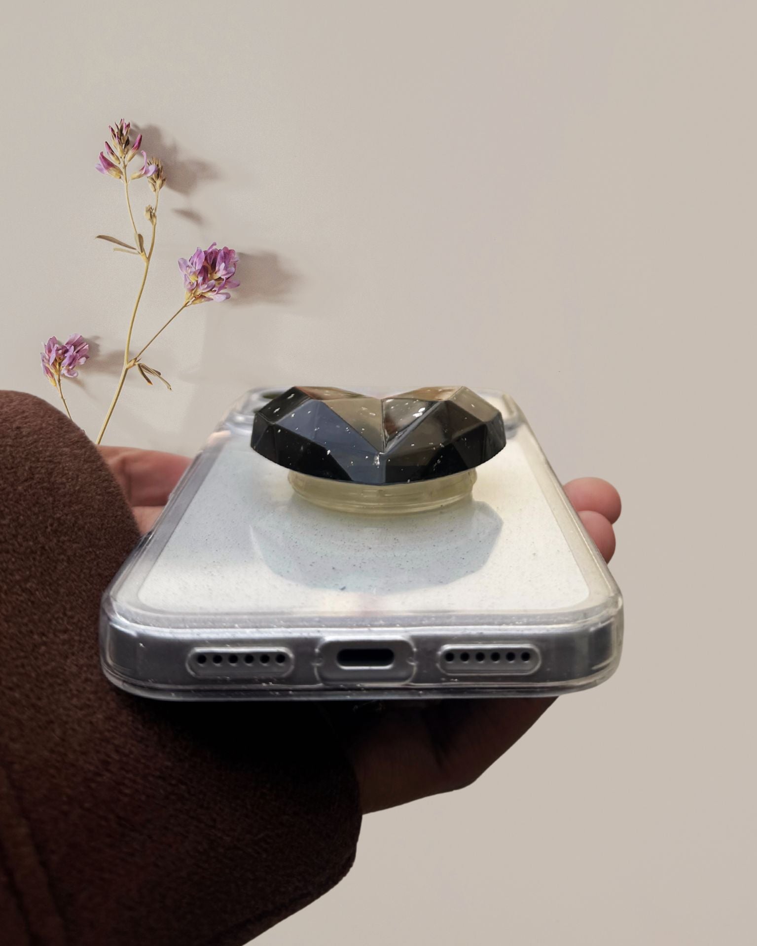 Dark gray 3D Glitter Heart Phone Gripper Holder - slim profile