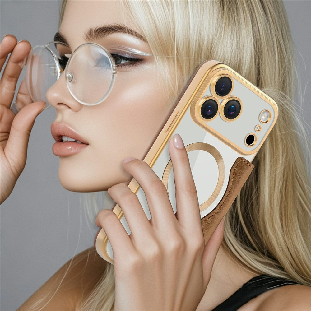 iPhone 17 Series Gold Electroplated Leather Flip Cover - slim profile