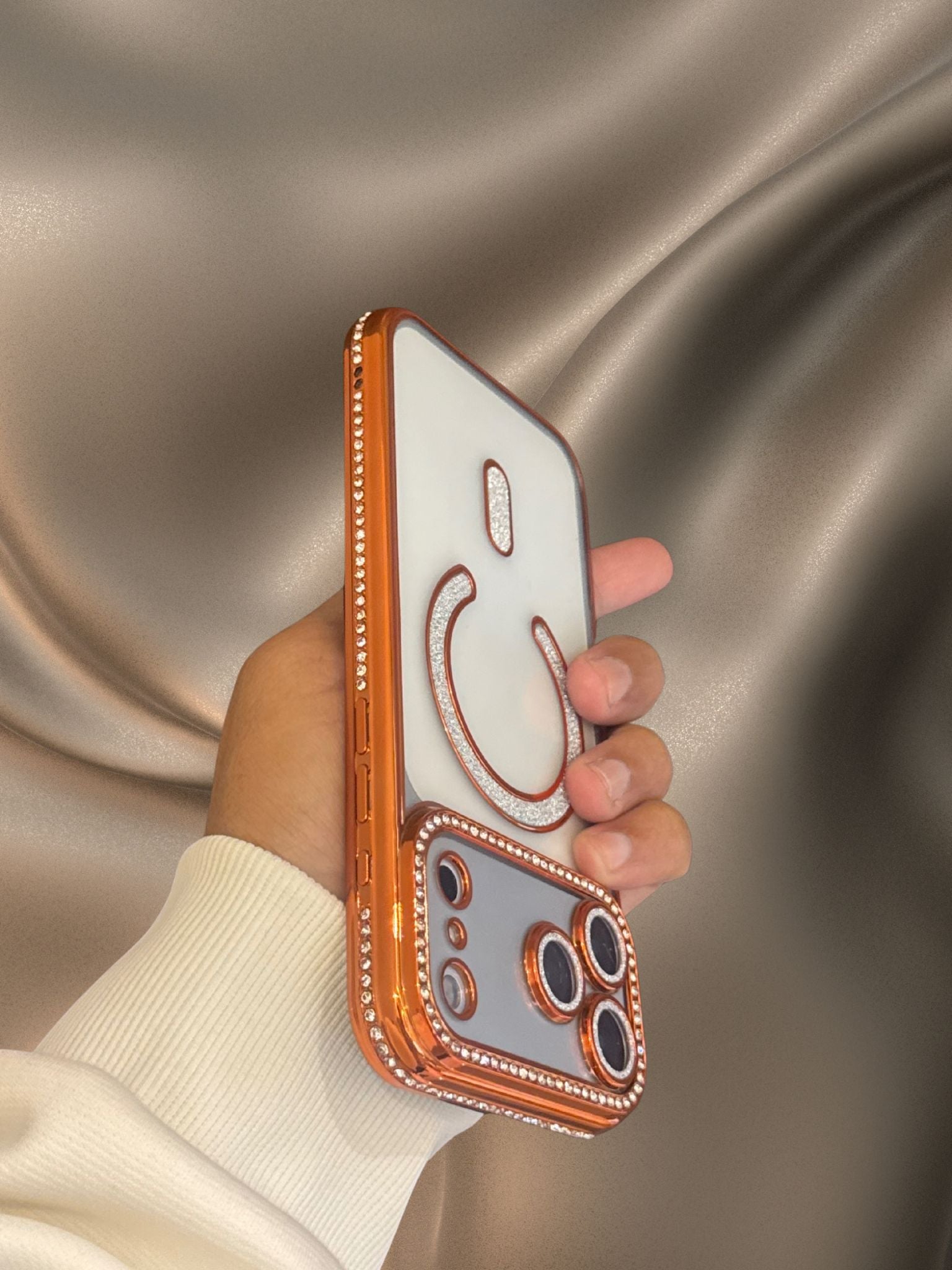 iPhone 17 Series Orange Electroplated Diamond Rhinestones Cover - slim profile