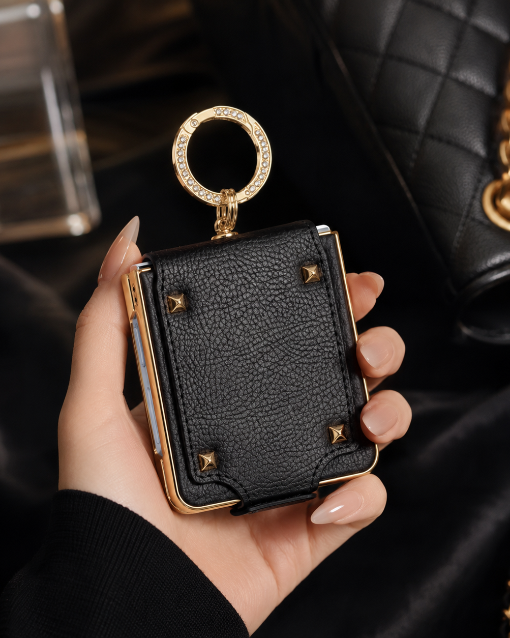 Samsung Galaxy Z Flip 7 Ring Holder Gold Electroplated Leather Cover