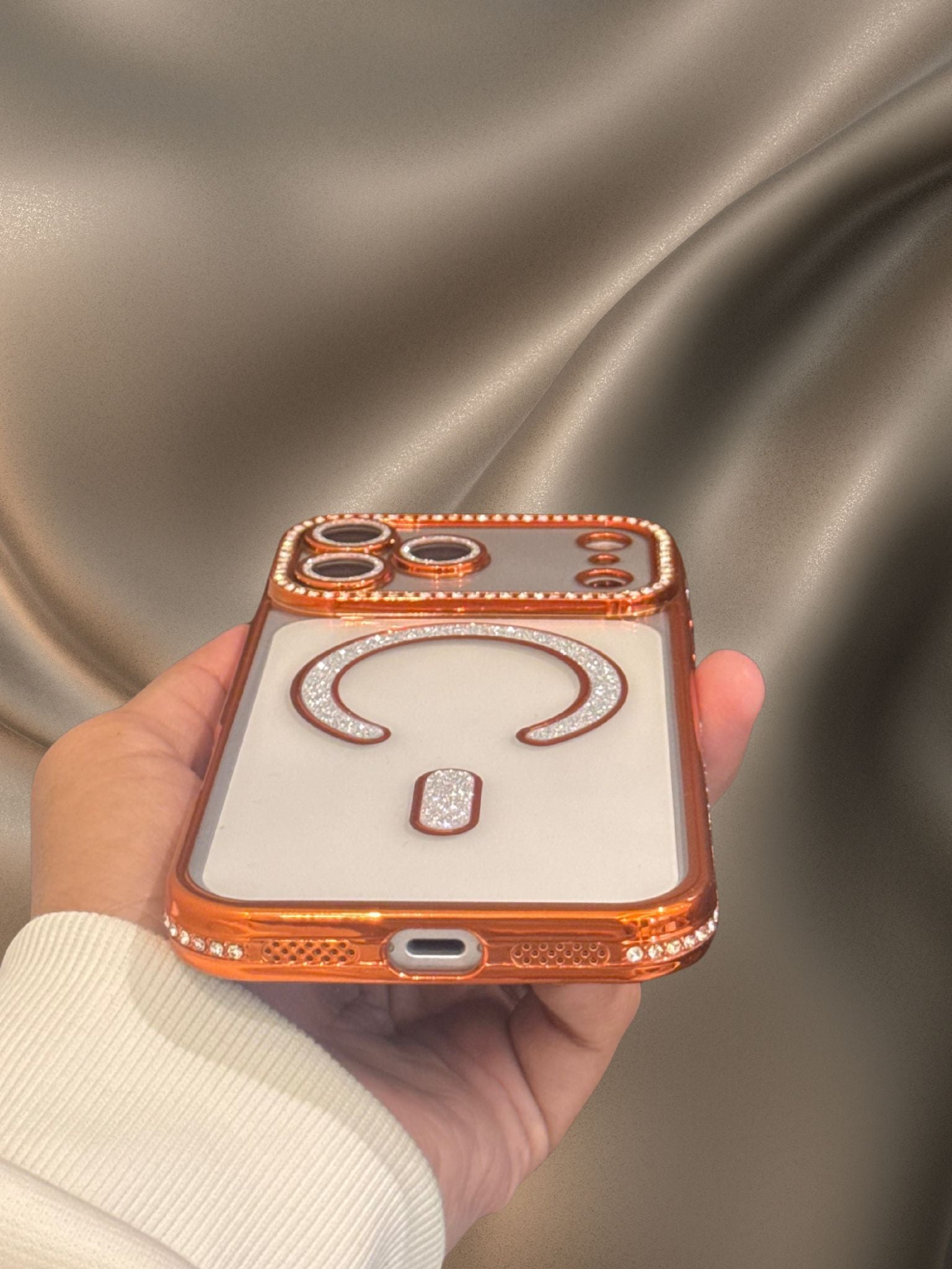 iPhone 17 Series Orange Electroplated Diamond Rhinestones Cover - lifestyle