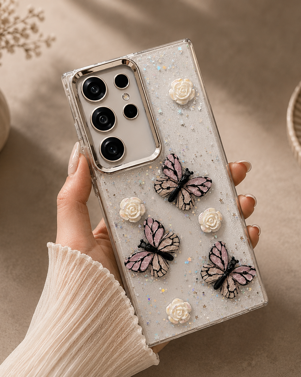 Samsung Galaxy S25 3D Butterfly Roses Glittery Cover