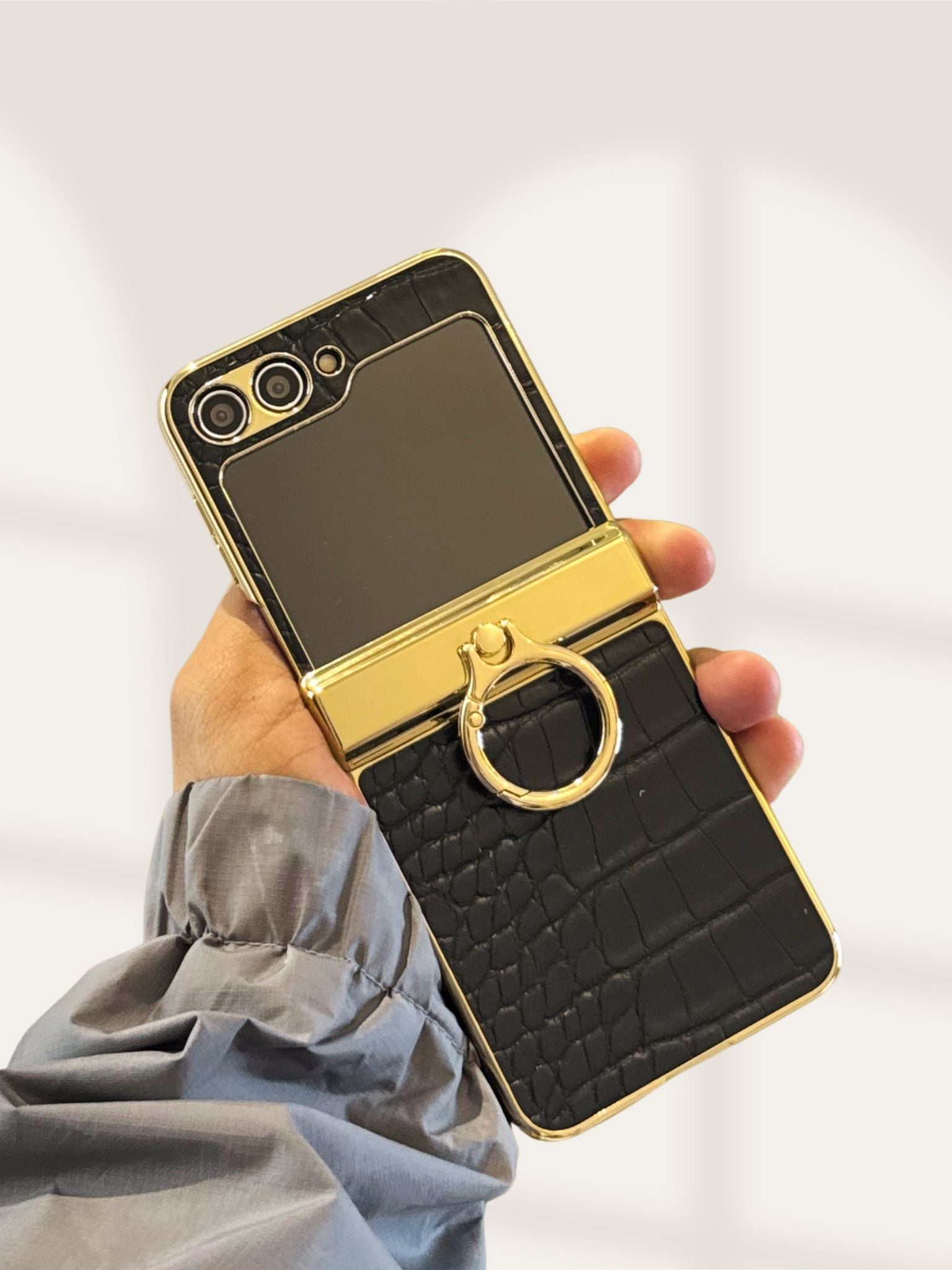 Samsung Galaxy Z Flip 5 Gold Electroplated Croco Leather Cover() - slim profile