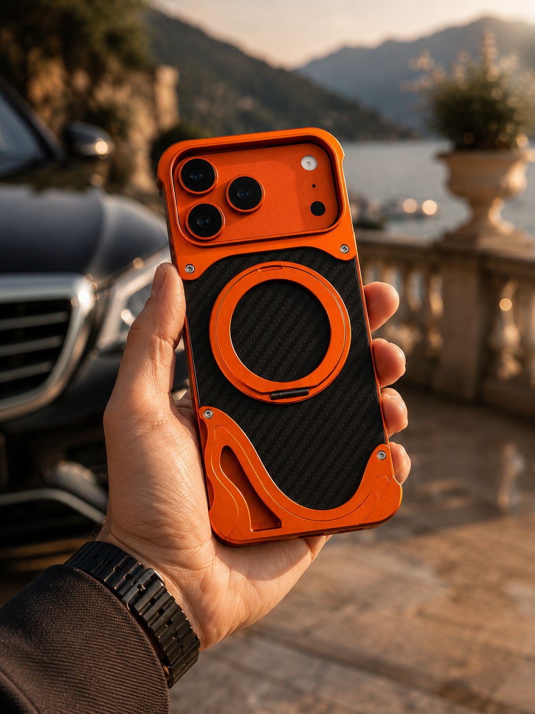 iPhone 17 Series Metallic Carbon Luxe Ring Stand Cover - slim profile