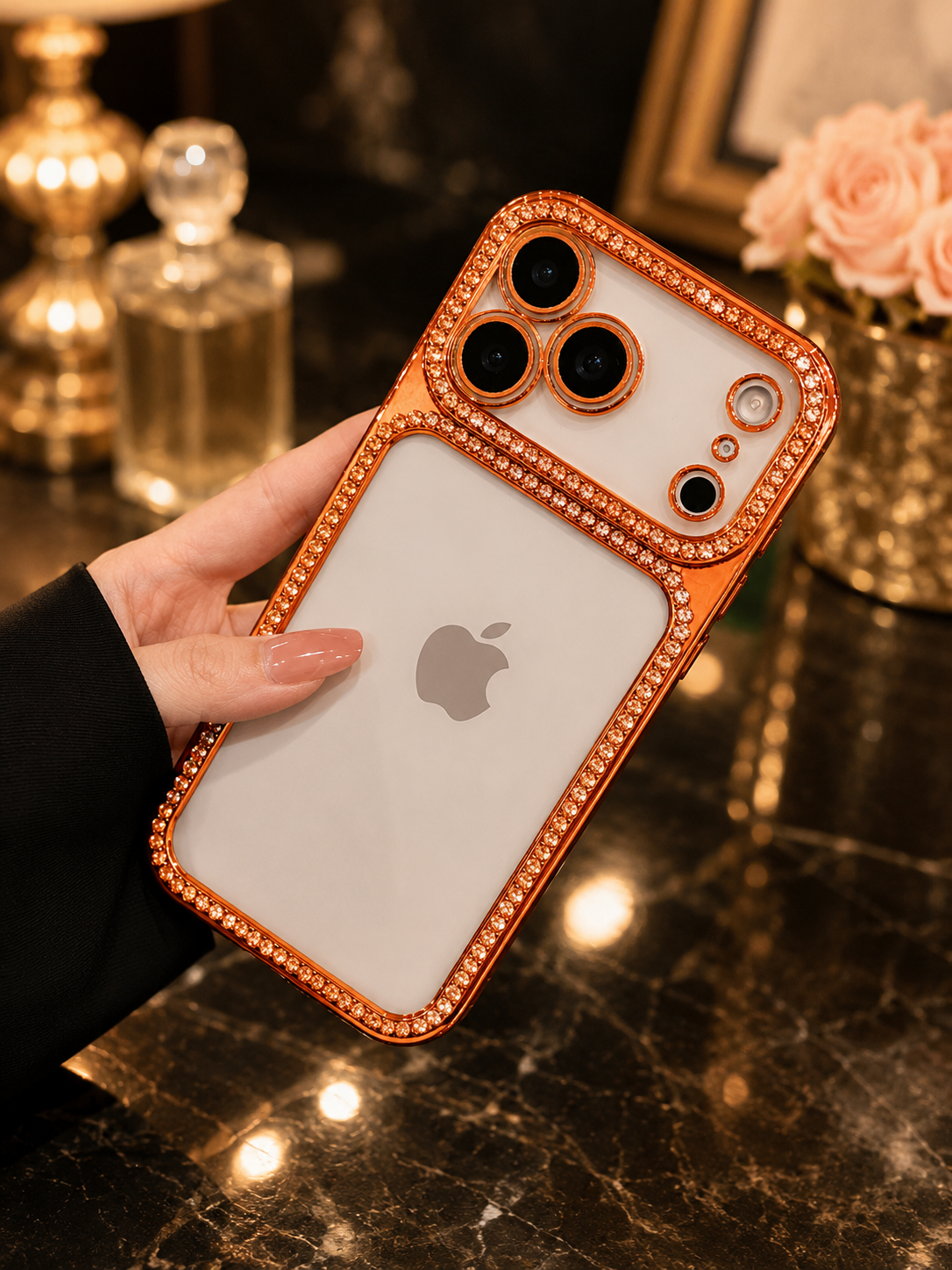 iPhone 17 Series Orange Diamonds Transparent Cover - phone case