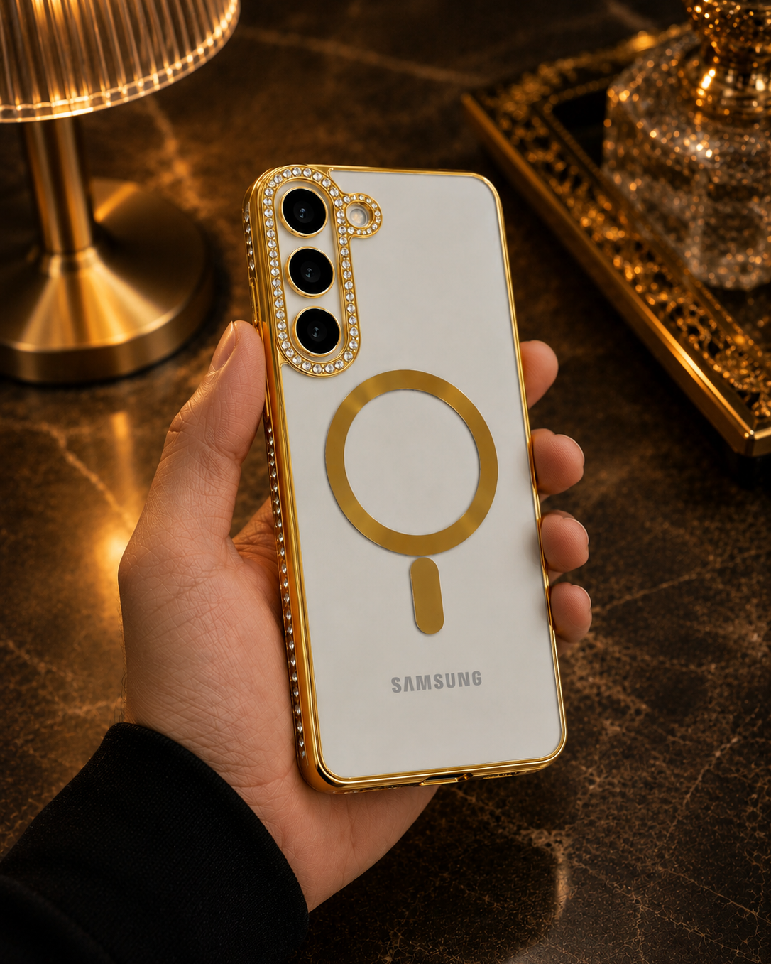 Samsung Galaxy S23 Gold Electroplated Diamond Rhinestones Cover - protective case detail