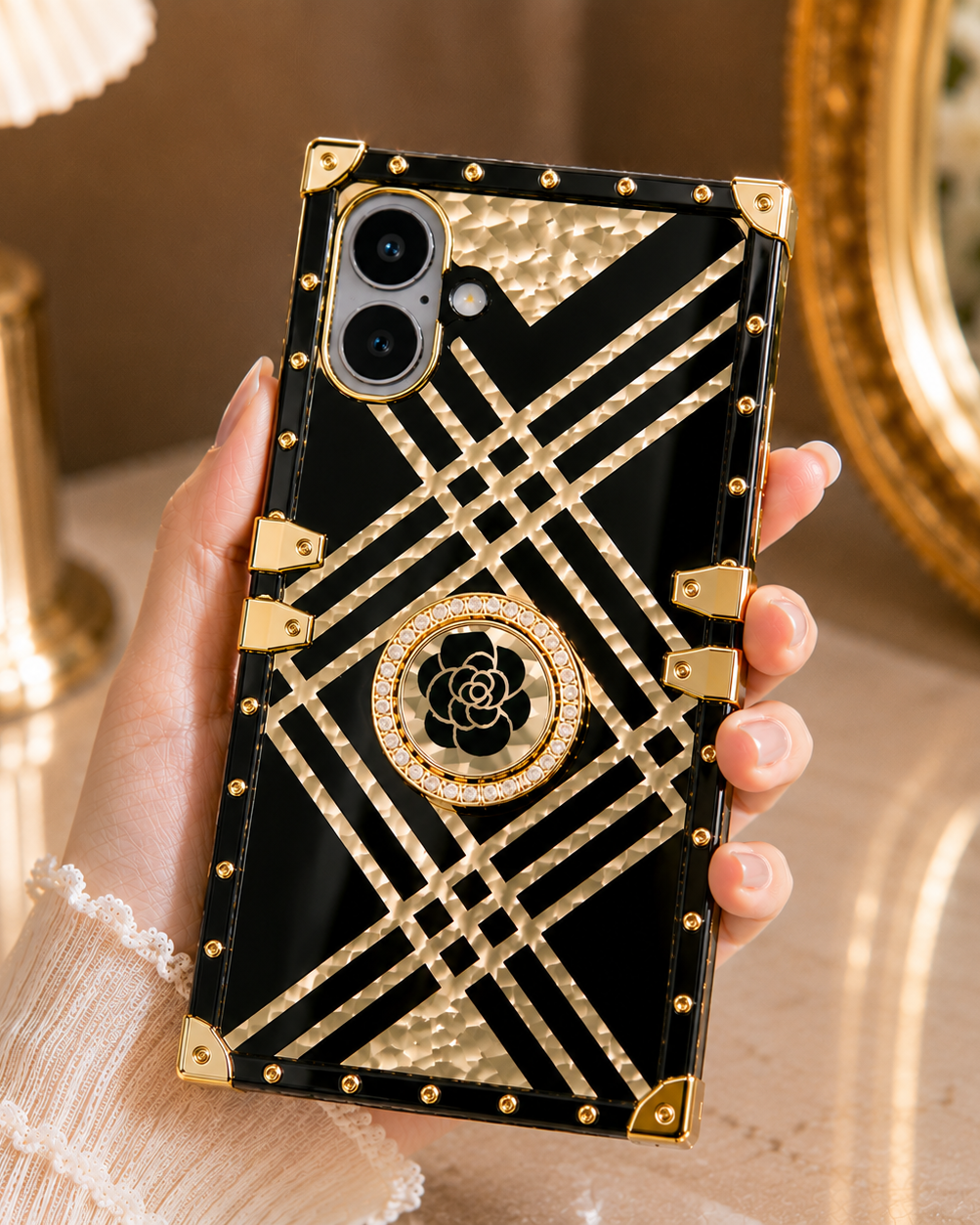 iPhone 16 Series Black & Gold Rose Rhinestones Ring Holder Cover