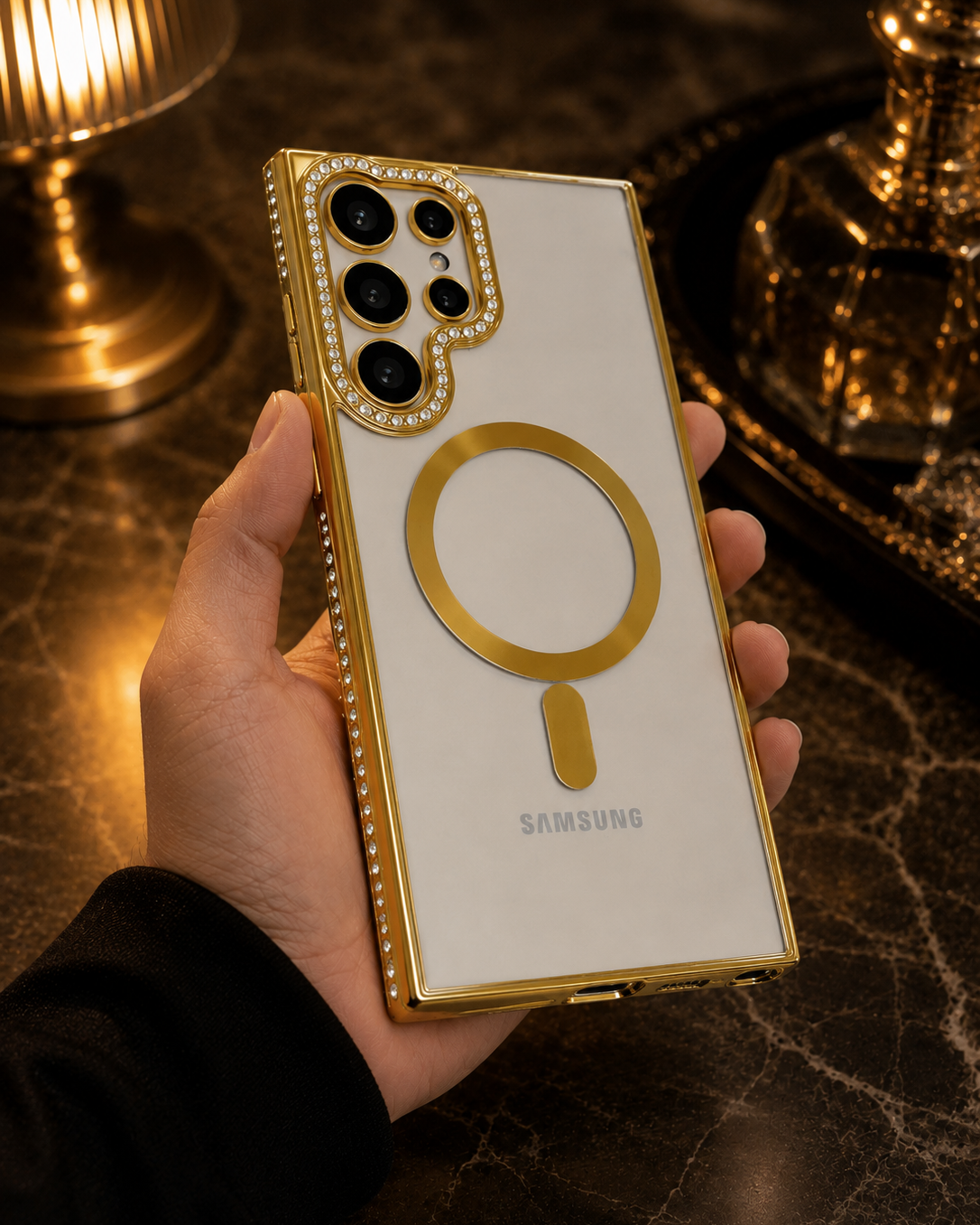 Samsung Galaxy S23 Gold Electroplated Diamond Rhinestones Cover