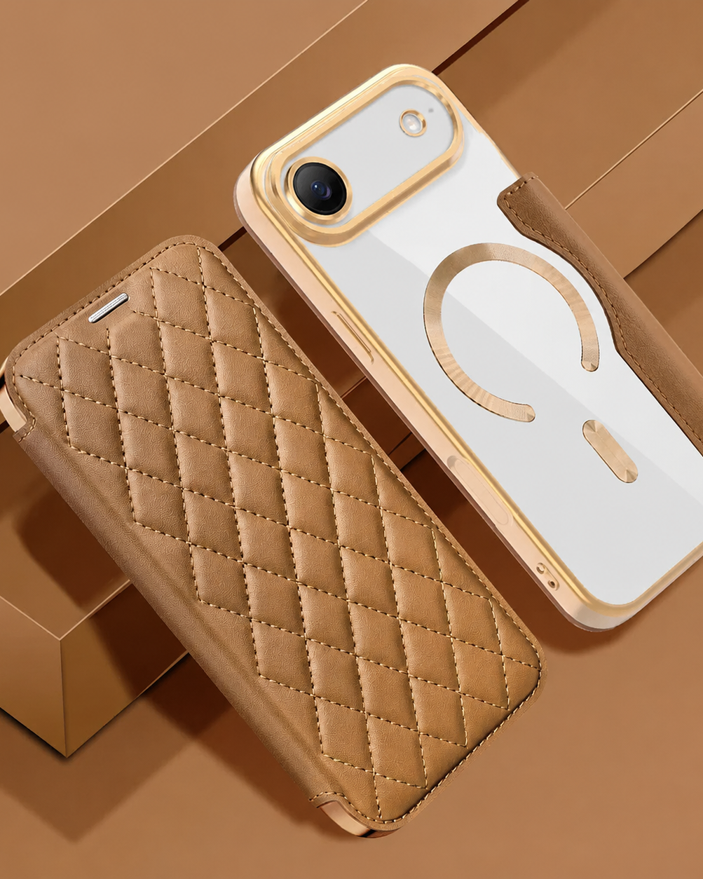 iPhone 17 Series Gold Electroplated Leather Flip Cover - protective case detail