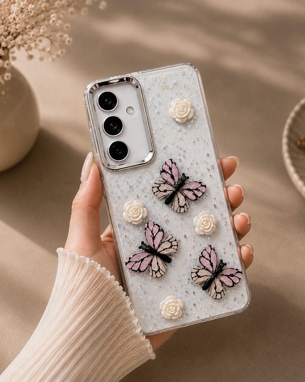 Samsung Galaxy S25 3D Butterfly Roses Glittery Cover - slim profile