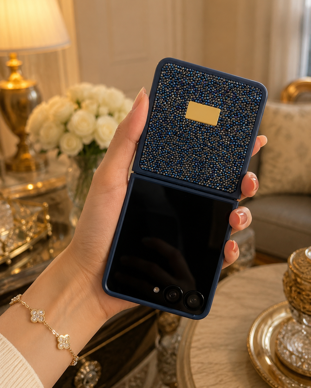 Samsung Galaxy Z Flip 7 Sapphire Blue Diamond Stones Cover - lifestyle