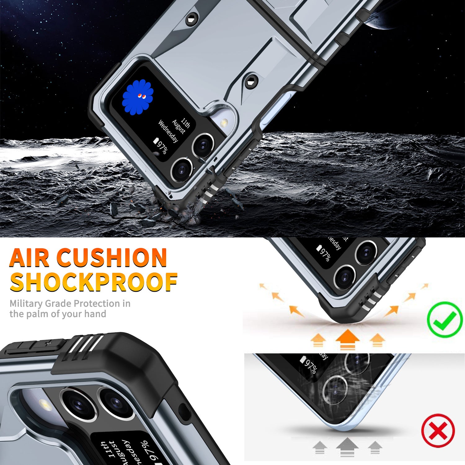 Samsung Galaxy Z Flip 3 Ring Holder Silver Matte Armour Cover - phone case