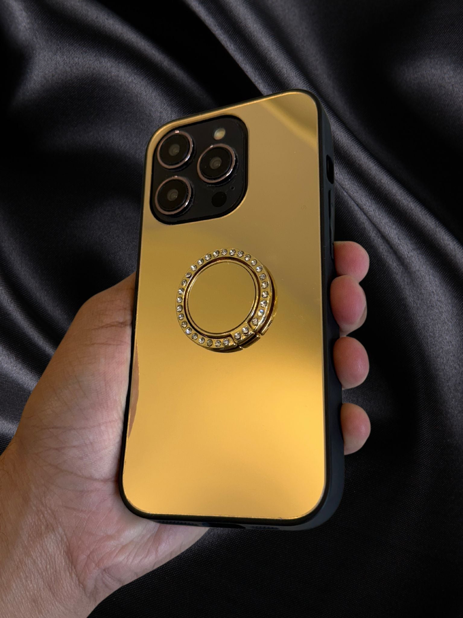 iPhone 15 Series Gold Mirror Rhinestones Ring Holder Cover - colour options