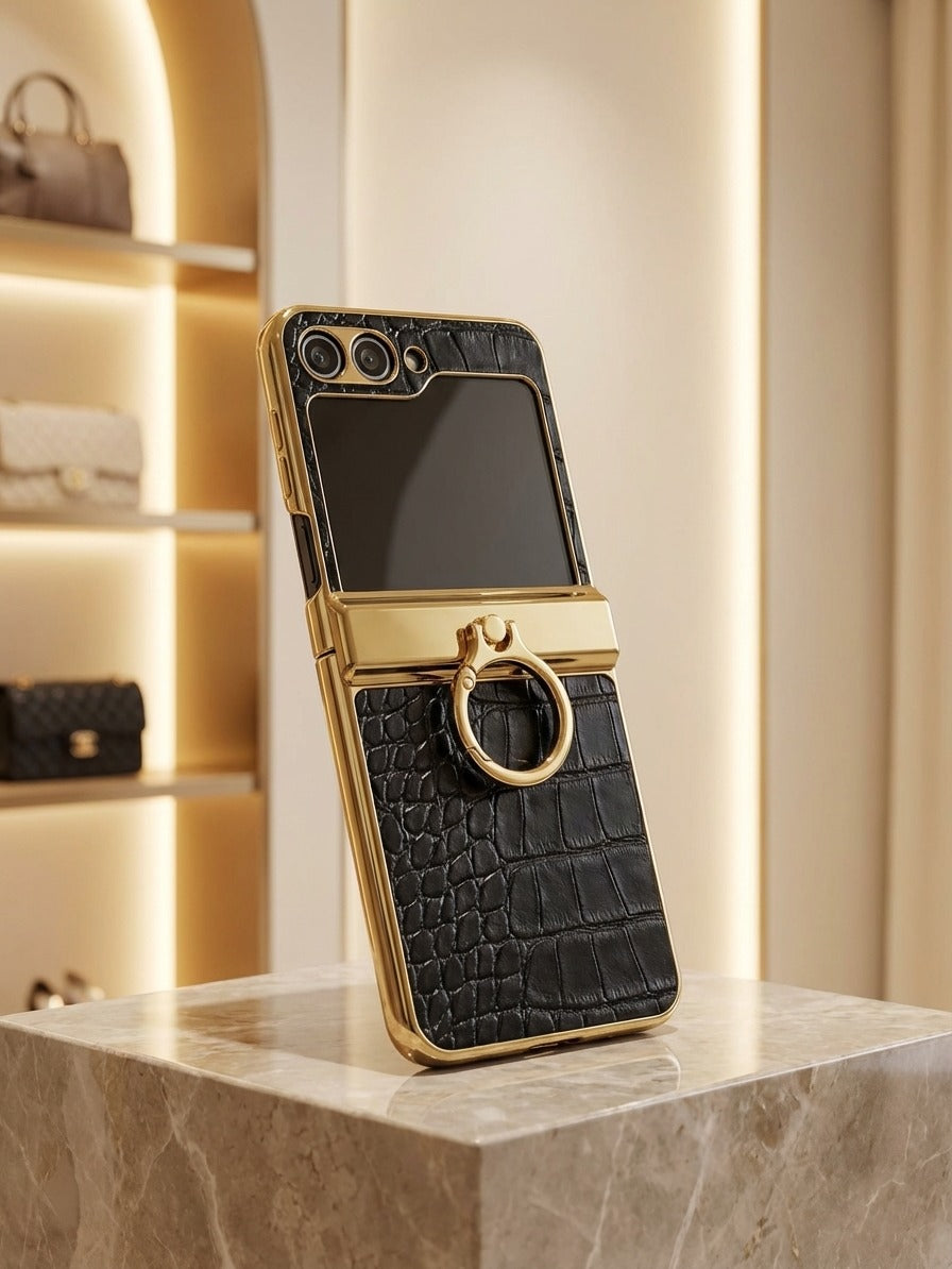 Samsung Galaxy Z Flip 5 Gold Electroplated Croco Leather Cover() - slim profile