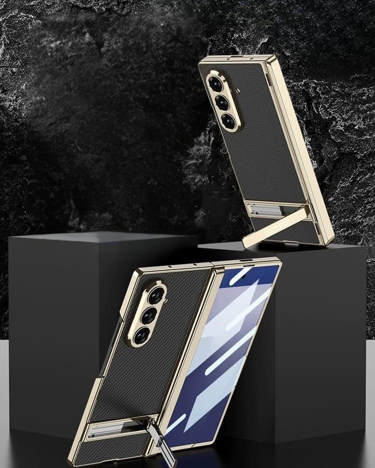 Samsung Galaxy Z Fold 7 Leather Gold Electroplated Kickstand Cover() - protective case detail