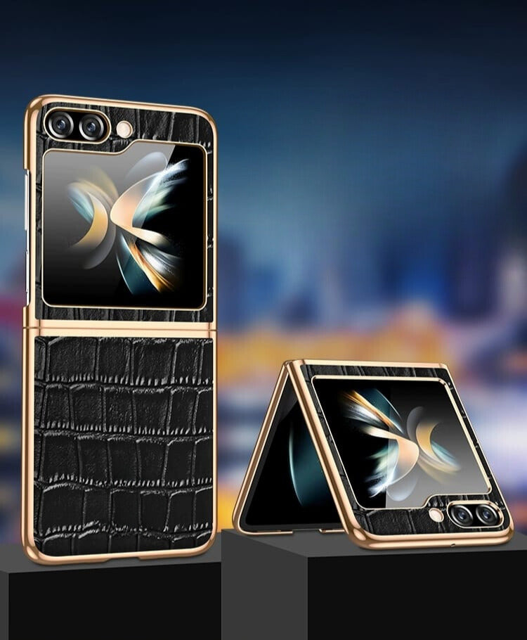 Samsung Galaxy Z Flip 5 Gold Electroplated Croco Pattern Leather Cover - lifestyle