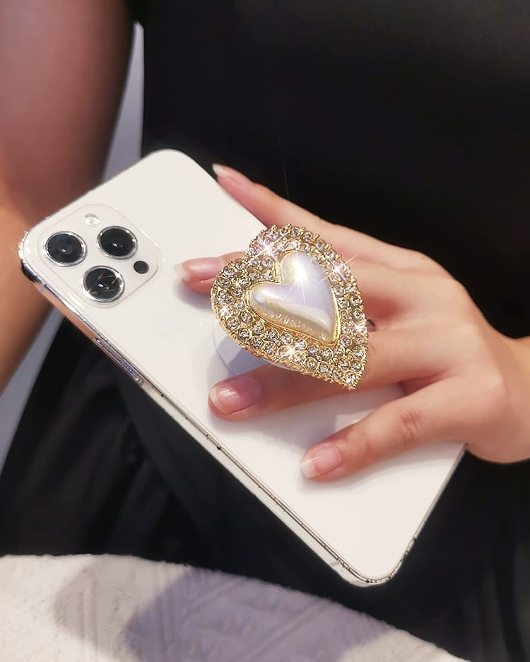 Pearl Heart Rhinestones Phone Gripper Holder - slim profile