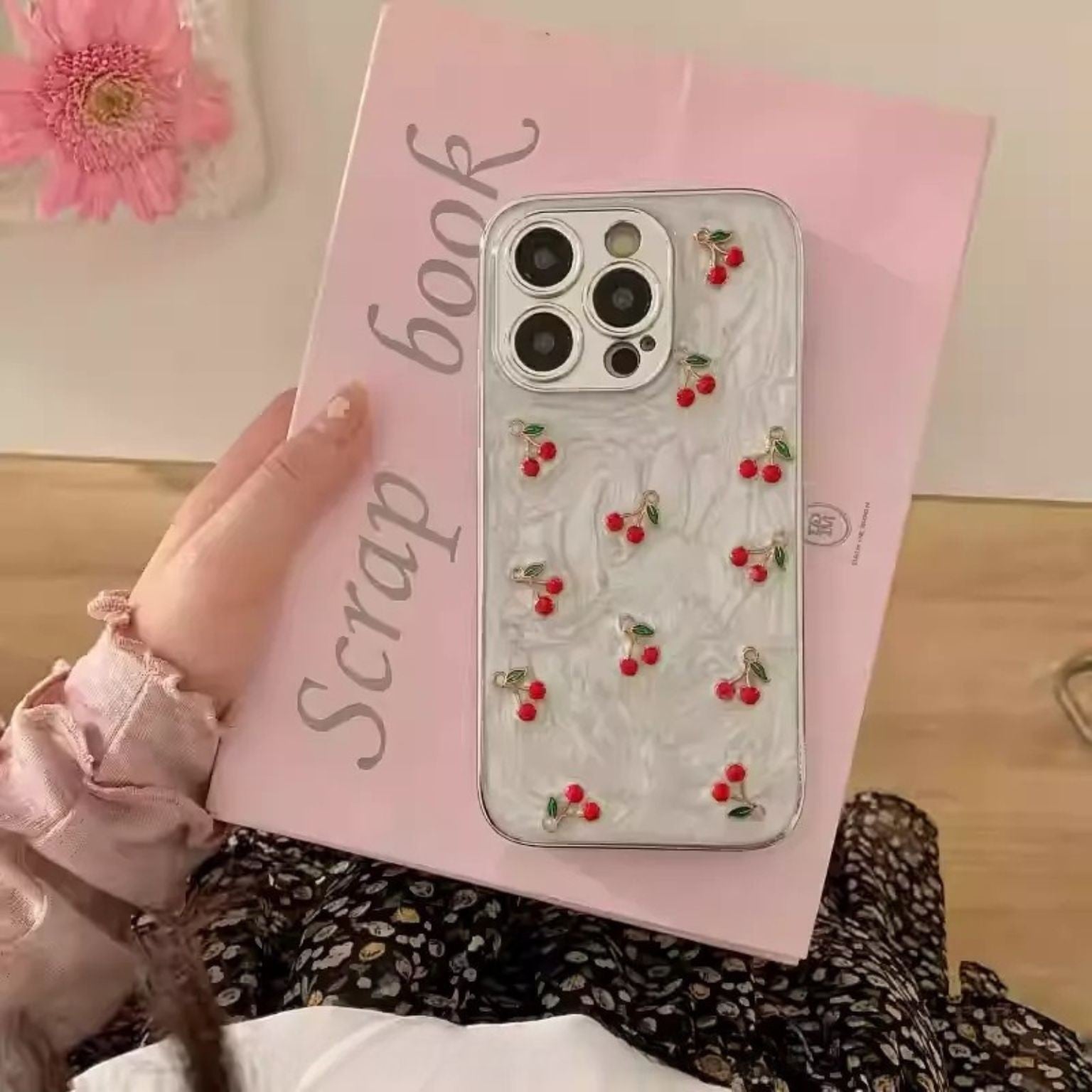 iPhone 15 3D Cherries Glittery Cover - protective case detail