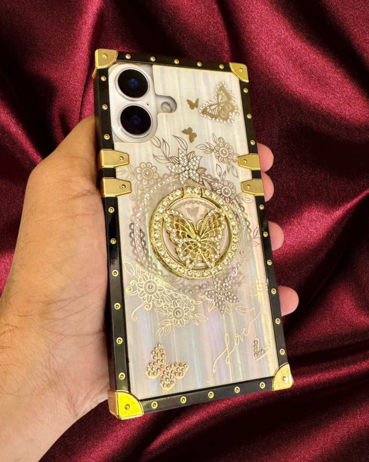 iPhone 16 Series Zazzy Butterfly Rhinestones Ring Holder Cover - protective case detail