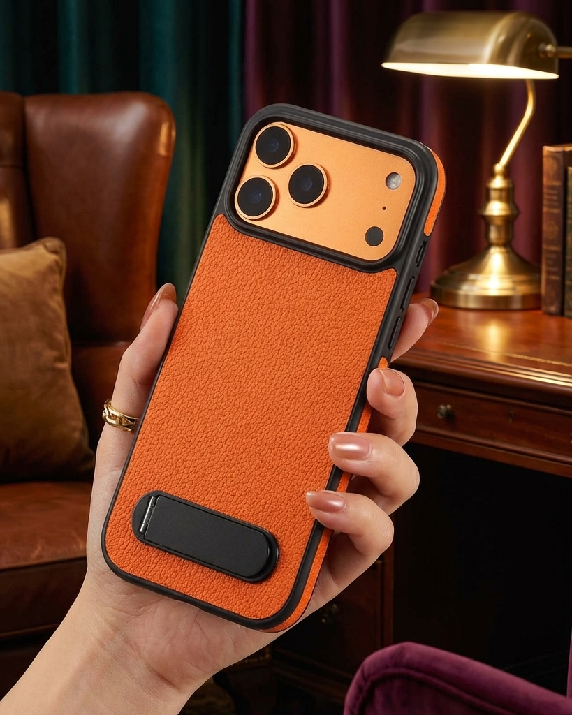 Cosmic Orange Leather Kickstand Cover – phone accessory by JustAndBest India