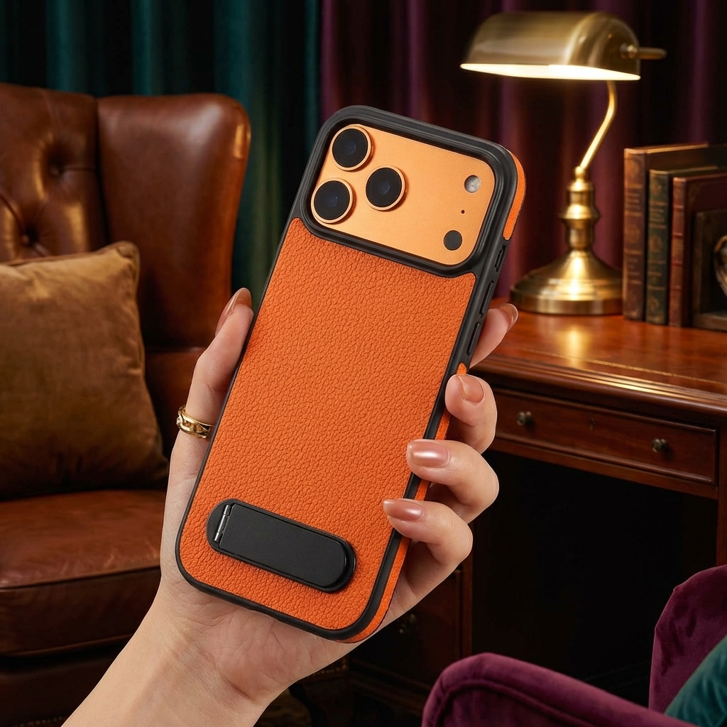 iPhone 17 Series Cosmic Orange Leather Kickstand Cover