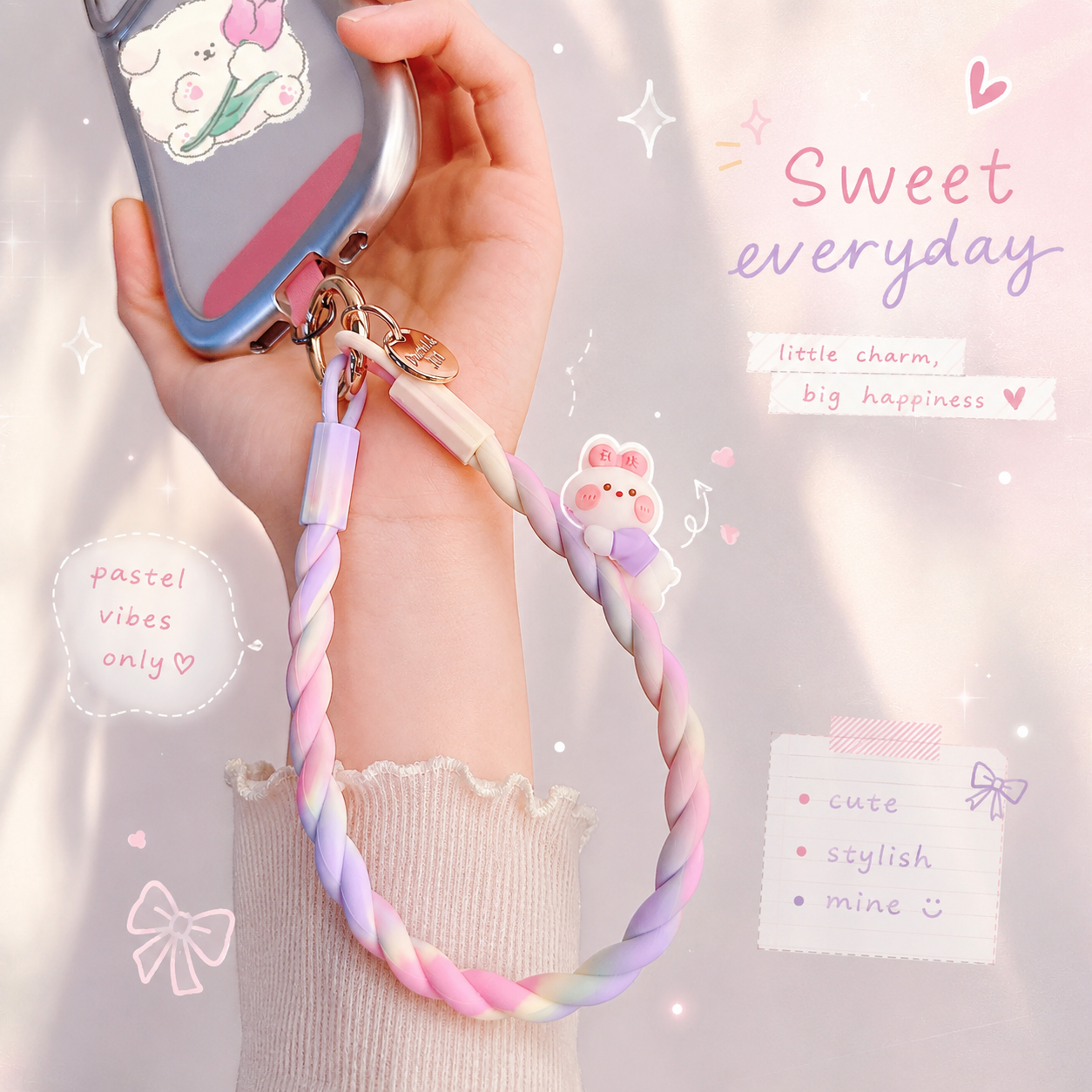 Rainbow 3D Bunny Phone Charm Lanyard - protective case detail