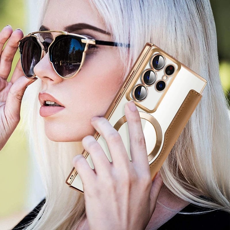 Samsung Galaxy S23 Gold Electroplated Leather Flip Case - case features