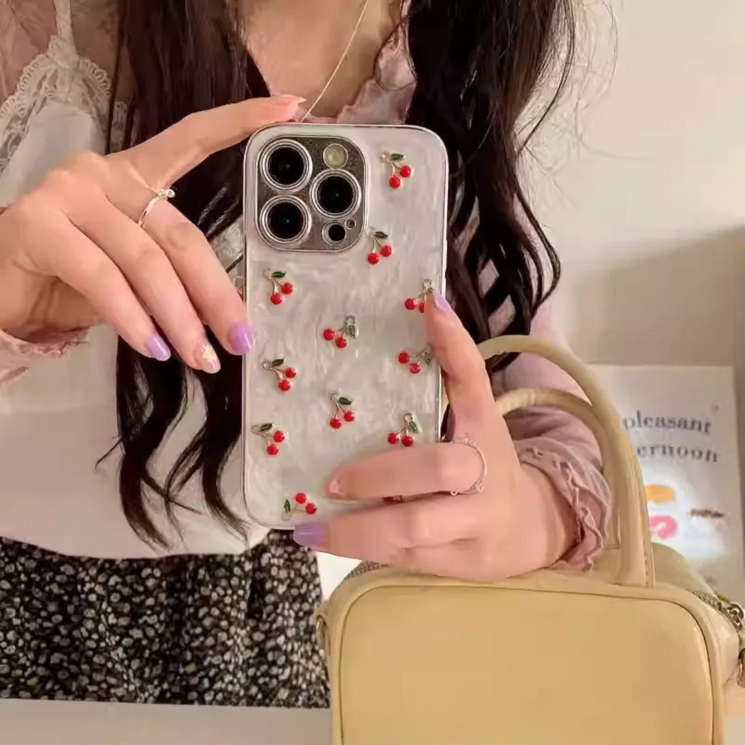 iPhone 15 3D Cherries Glittery Cover - phone case