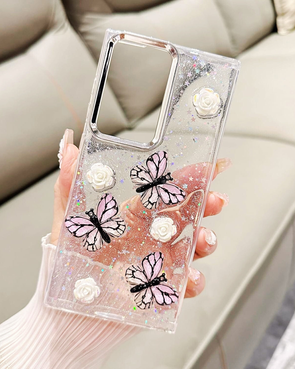 Samsung Galaxy S25 3D Butterfly Roses Glittery Cover - protective case detail