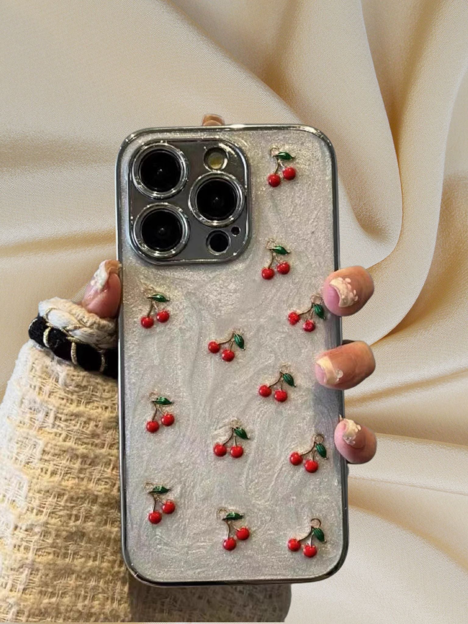 iPhone 15 3D Cherries Glittery Cover | Glam Sparkle Edition