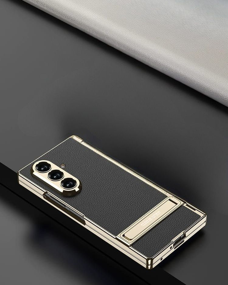 Samsung Galaxy Z Fold 7 Leather Gold Electroplated Kickstand Cover() - slim profile
