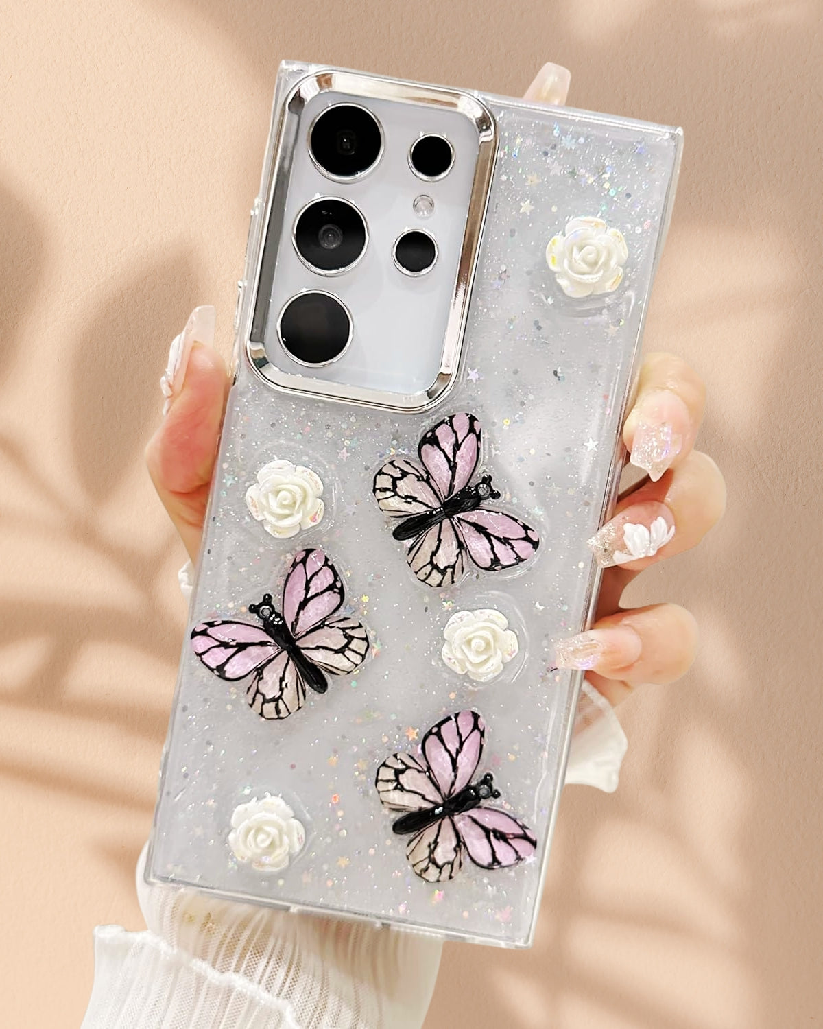 Samsung Galaxy S25 3D Butterfly Roses Glittery Cover - phone case