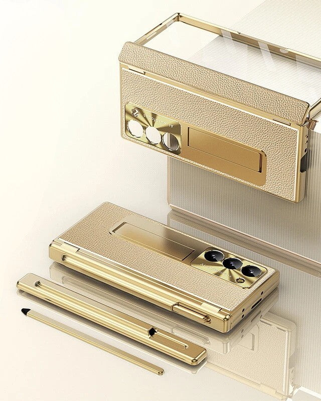 Samsung Galaxy Z Fold 6 Gold Leather Stylus Cover - slim profile