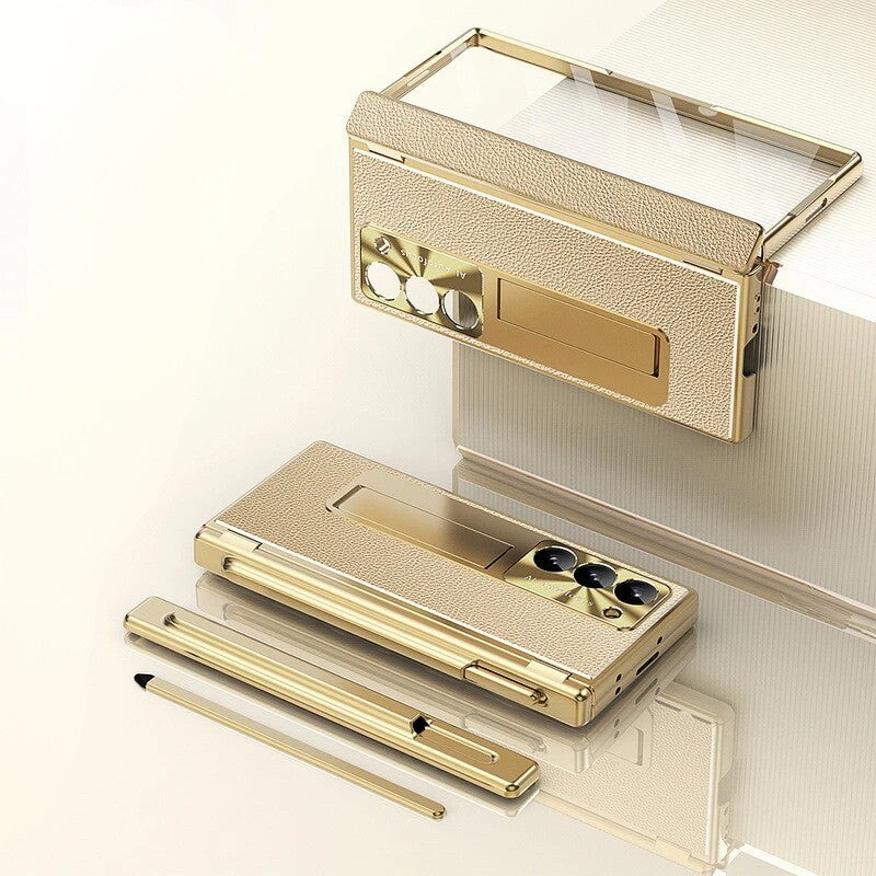 Samsung Galaxy Z Fold 6 Gold Leather Stylus Cover - slim profile