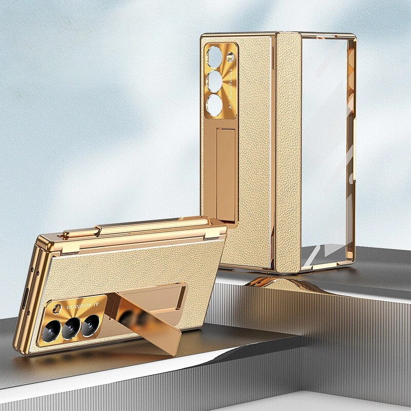 Samsung Galaxy Z Fold 6 Gold Leather Stylus Cover - protective case detail