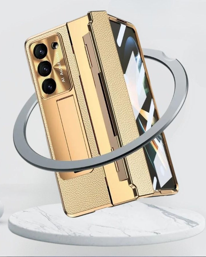 Samsung Galaxy Z Fold 6 Champagne Gold Electroplated Leather Cover - protective case detail