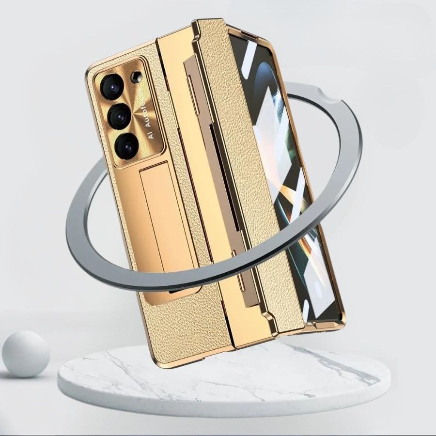 Samsung Galaxy Z Fold 6 Champagne Gold Electroplated Leather Cover - protective case detail