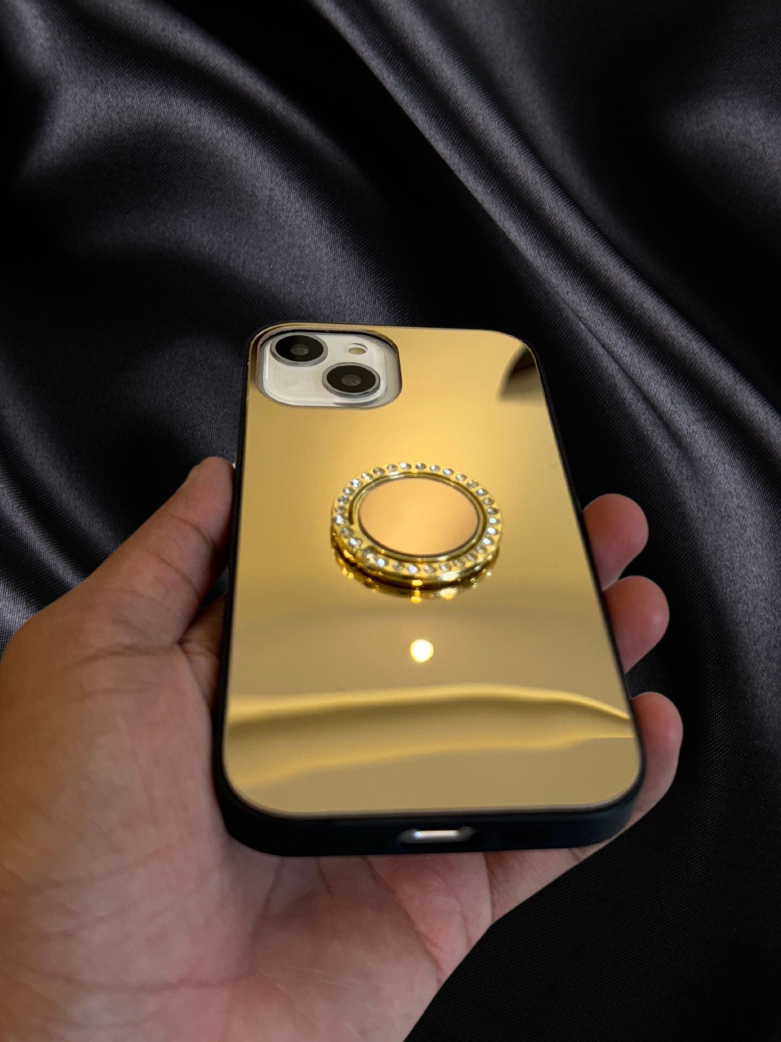 iPhone 15 Series Gold Mirror Rhinestones Ring Holder Cover - slim profile