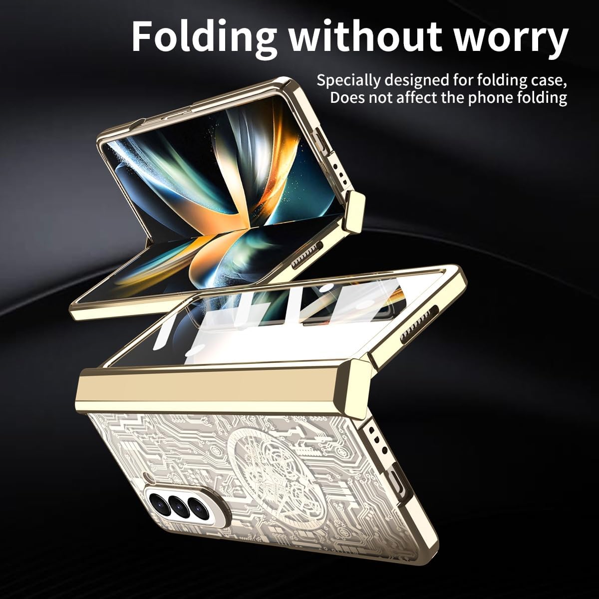 Samsung Galaxy Z Fold 3 Gold Electroplated Circuit Glass Cover (and Hi - protective case detail