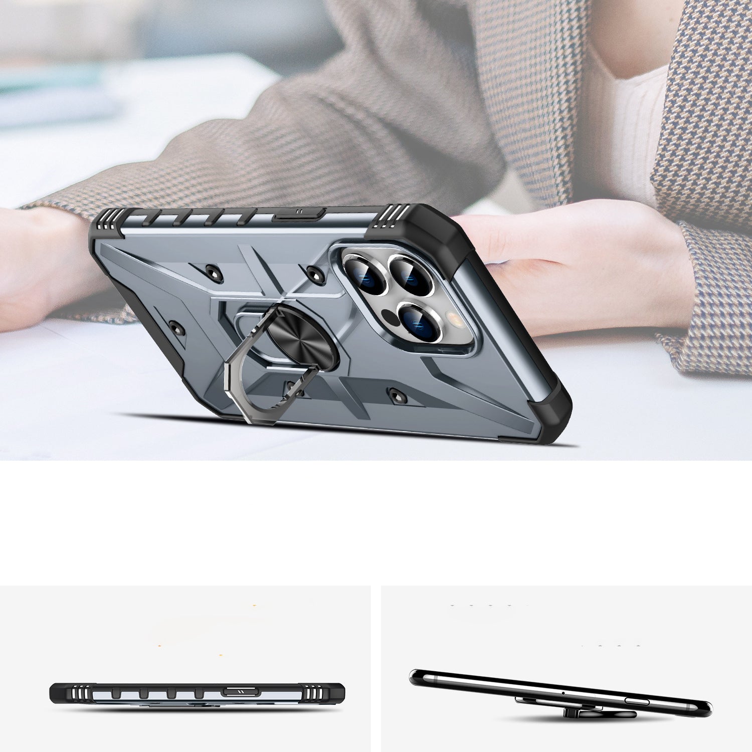 iPhone 13 Series Ring Holder Silver Matte Armour Cover - slim profile