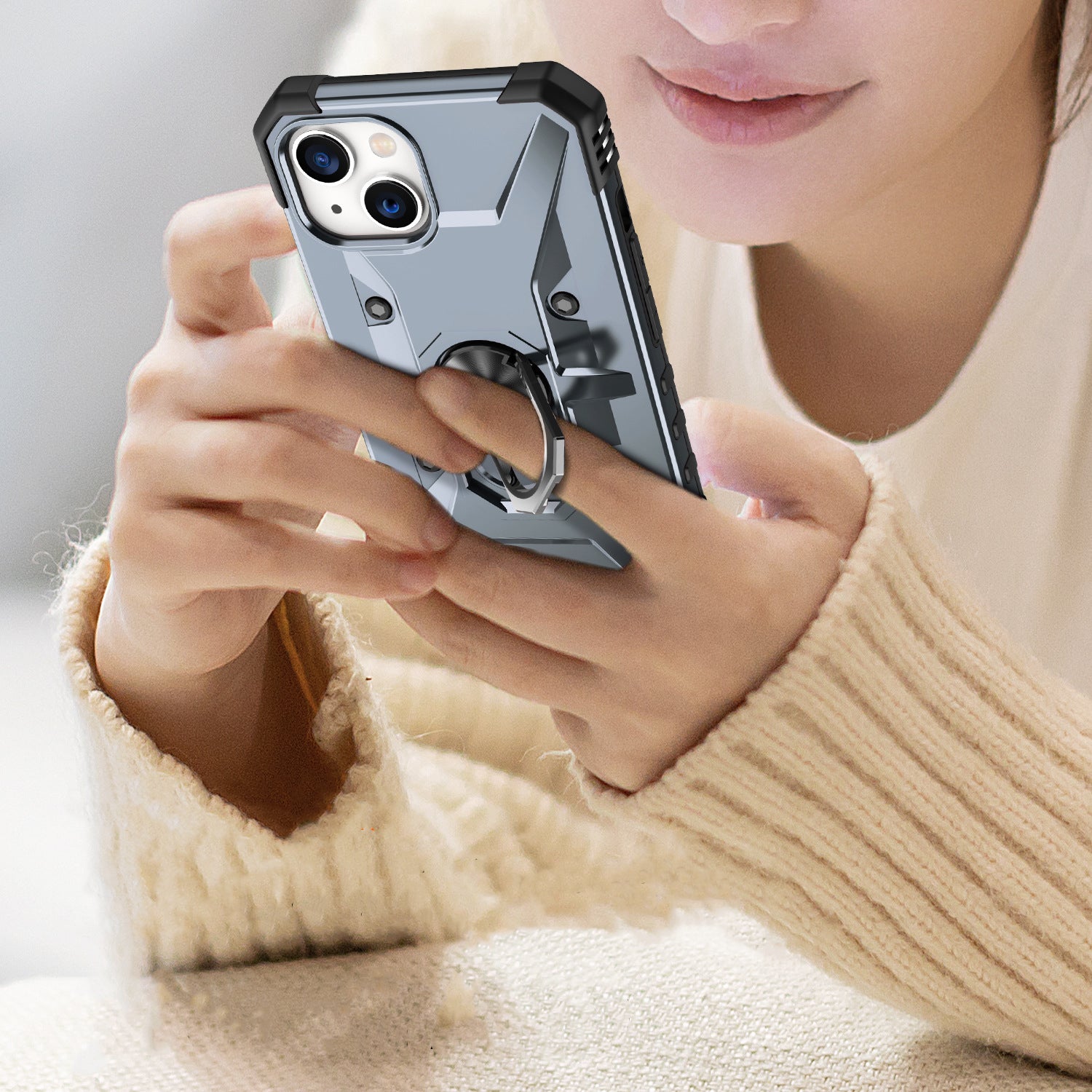 iPhone 13 Series Ring Holder Silver Matte Armour Cover - protective case detail