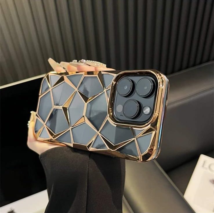 iPhone 15 Gold Electroplated 3D diamond Pattern Cover - colour options