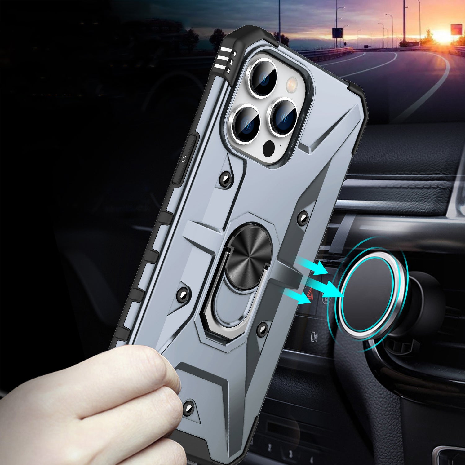 iPhone 14 Series Ring Holder Silver Matte Armour Cover