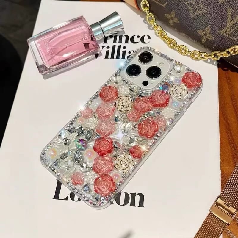 iPhone 14 Roses Bling Diamond Rhinestones Case | Glam Sparkle Edition