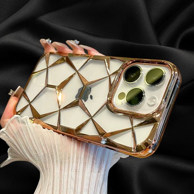iPhone 13 Gold Electroplated 3D diamond Pattern Cover - case features